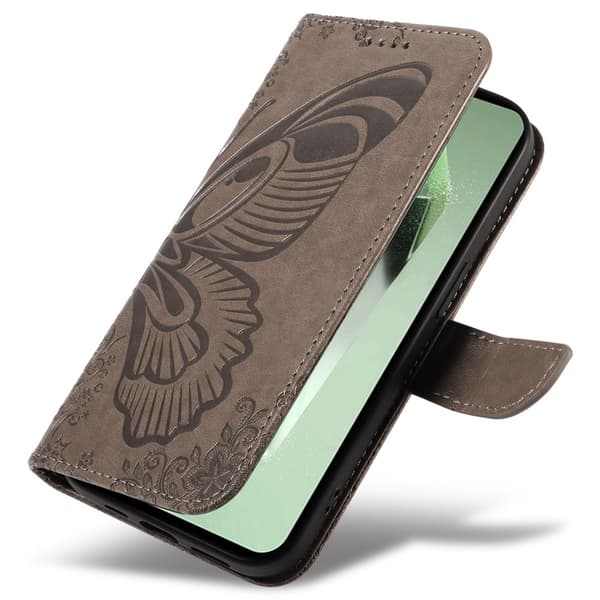 Etui med stativ, lommebok og sommerfuglmønster til Samsung Galaxy S24 FE Grey