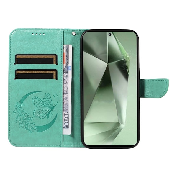 Til Samsung Galaxy S24 FE Etui Stand Tegnebog Etui Sommerfuglemønster Green