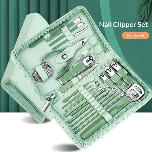 22 stk. manicure pedicure negleklipper rustfrit stål fingertånegle + etui Green