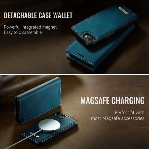 CASEME Til iPhone 17e / 16e  Lommebokdeksel Magnetisk Avtakbar RFID Beskyttelse Blue