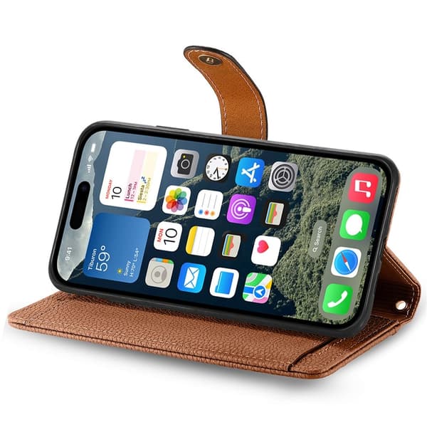 For iPhone 17 Deksel RFID-blokkering Glidelåslomme Lommebokdeksel med Stropp Brown