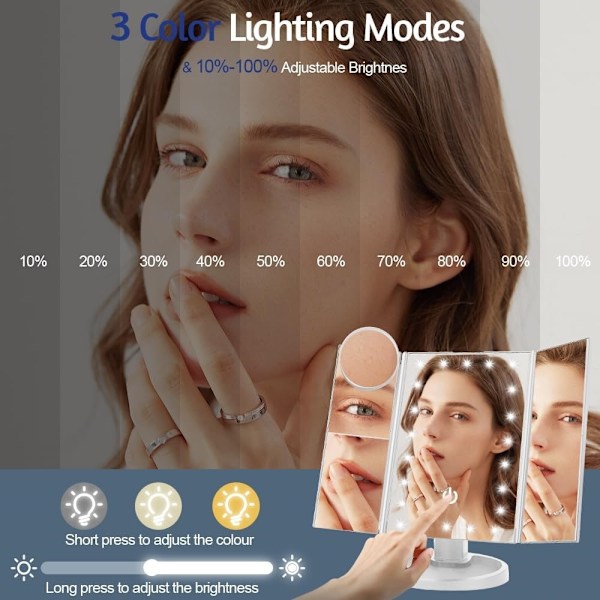 3-Sided Folding Makeup Mirror med Dimbar Lys 22LED Bordsspeil - Hvit White