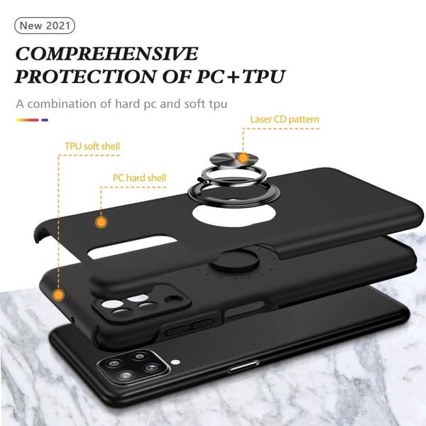 Kompatibel Samsung Galaxy A12 Fingerring Kickstand Hybrid Taske Black