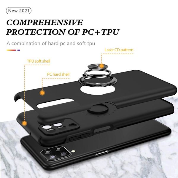 Yhteensopiva Samsung Galaxy A12 sormirengas Kickstand Hybridi-kotelo Black