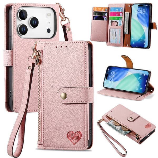 For iPhone 17 Pro Cover RFID-blokering Lynlåslomme Tegnebogsetui med Rem Pink