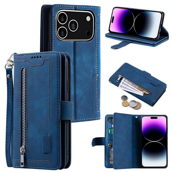 Til iPhone 17 Pro  Etui med Lynlåslomme og 9 Kortlommer Blue