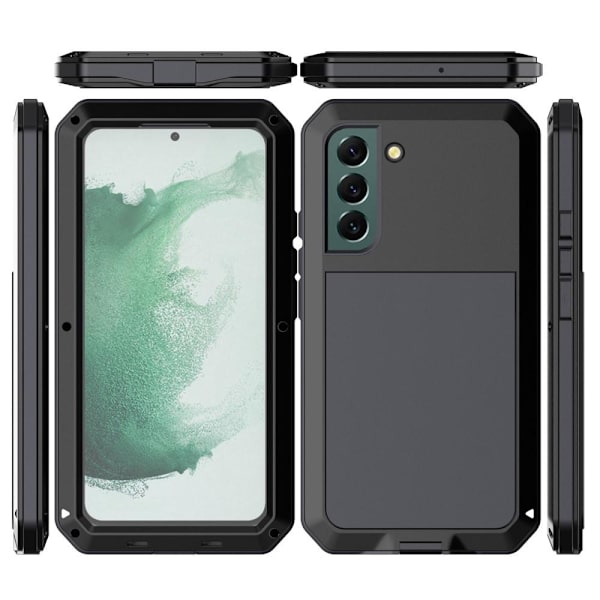 Samsung Galaxy S21 FE Silikon Metall Hybrid Skal härdat glas Antidamm Svart