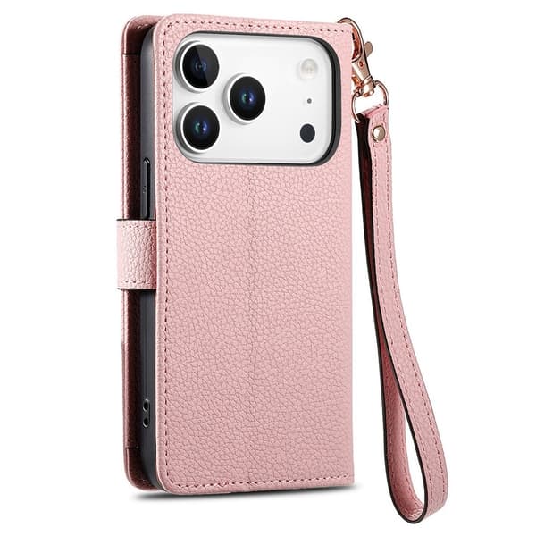 For iPhone 17 Pro Max Skal RFID-blockering Dragkedjeficka Plånboksfodral med Rem - Rosa Rosa
