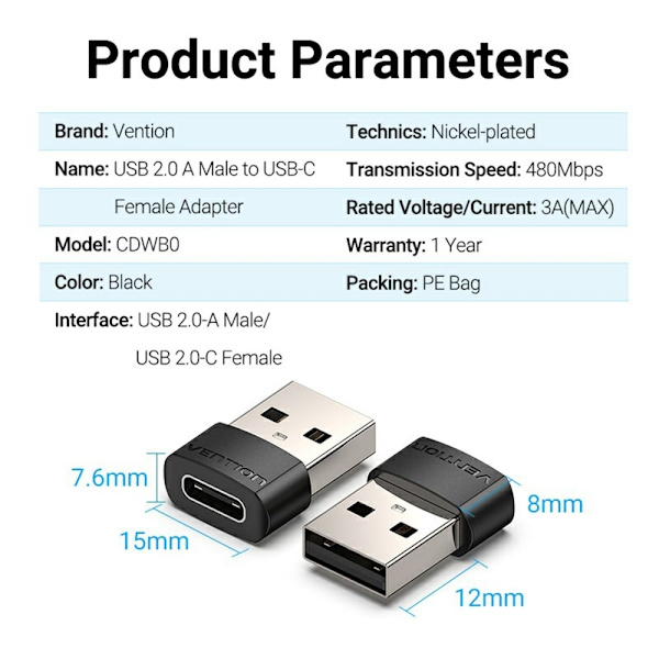 USB 2.0 A Han til USB C Hun Adapter 480Mbps Dataoverførsel OTG Konverter Black