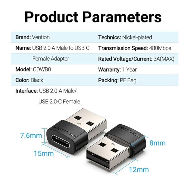 USB 2.0 A-hane till USB C-hona-adapter 480 Mbps dataöverföring OTG-omvandlare Svart