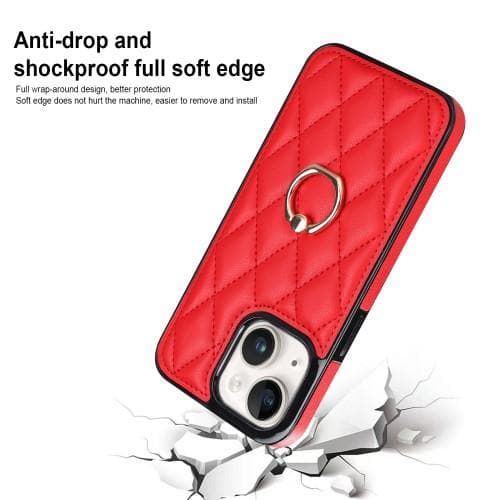 iPhone 14 Etui med Rutermønster på Bakdekselet, Ringstativ - Rød Red