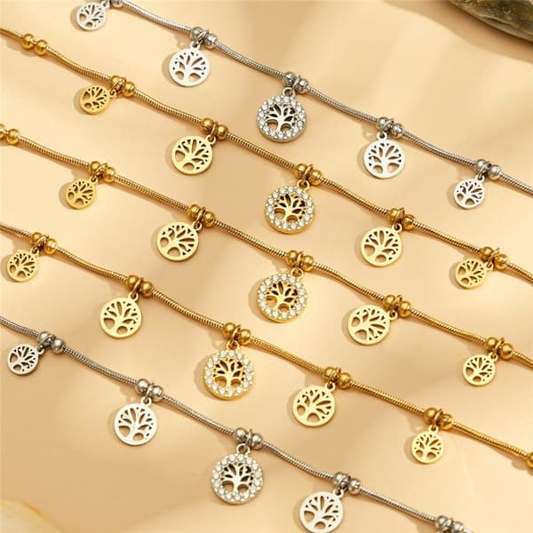 Armband Berlock - Livets träd – ormkedja, hänge zirkon – smycke - Stål Silver