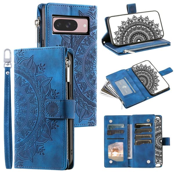 For Google Pixel 10 Pro / 10 / 9 Pro / 9  Lommebok Deksel Shell Mandala Blomstermønster Blue