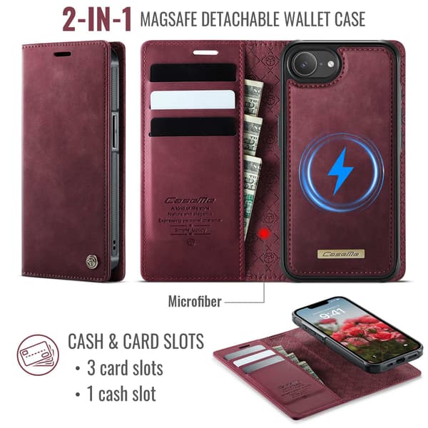 CASEME Til iPhone 17e / 16e  Lommebokdeksel Magnetisk Avtakbar RFID Beskyttelse Red