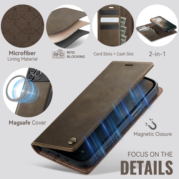 CASEME Til iPhone 17 Pro Max Pungcover Magnetisk Aftagelig RFID Beskyttelse - Coffee Brown