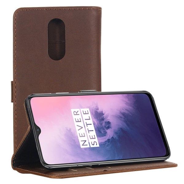 Retro Style Wallet Stand Cover til OnePlus 7 - Kaffe Brown