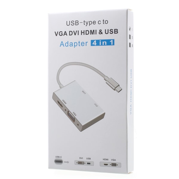 Type-C to HDMI + VGA + DVI + USB3.0 4-in-1 Multi-functional Adap White