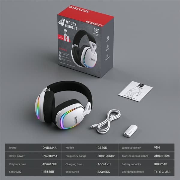 ONIKUMA GT805 Gaming Headset 4 Moduser Trådløst/Kablet Over-Ear RGB - Hvit White