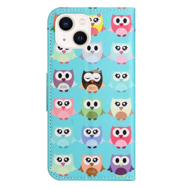 For iPhone 15 Wallet Stand Case Pattern Phone Cover - Owls Blue