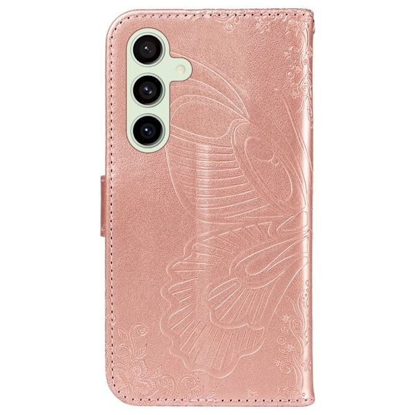 Til Samsung Galaxy S24 FE Etui Stand Tegnebog Etui Sommerfuglemønster Pink gold