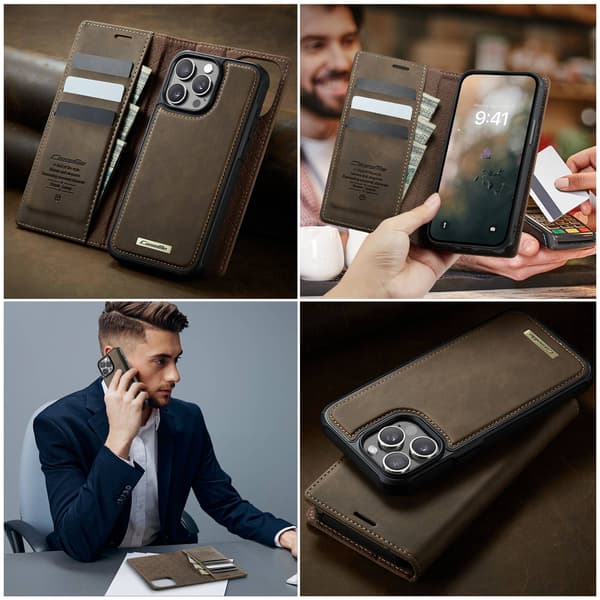 CASEME Til iPhone 15 Pro Max Lommebokdeksel Magnetisk Avtakbar RFID Beskyttelse - Coffee Brown