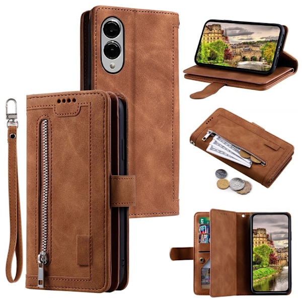 Til Samsung Galaxy S25 Edge Etui med Lynlåslomme og 9 Kortlommer Brown