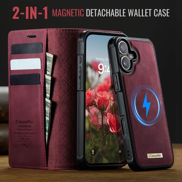 CASEME Til iPhone 17  Lommebokdeksel Magnetisk Avtakbar RFID Beskyttelse Red