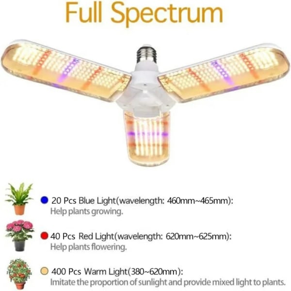 LED Grow Light 40W Full Spectrum Plant Lamps med 3 vikbara blad White