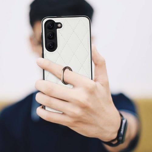 Samsung Galaxy S23 Etui Rhombus Grid Mønster Bagdæksring Stativ - Hvid White