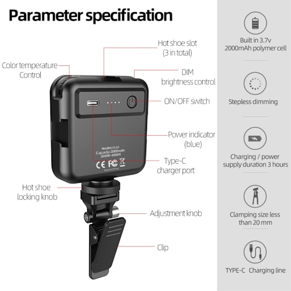 LED-lys 3000-6000K Dæmpbar lyslampe Live-udsendelse fotografibelysning Black