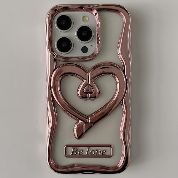 For iPhone 15 Pro Max Cover Love Heart Kickstand TPU Electroplated Clear Cell Phone Case - Pink Pink