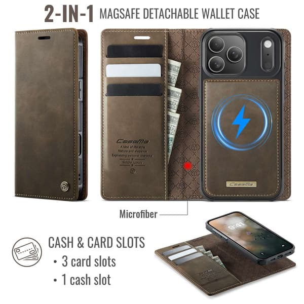 CASEME Til iPhone 17 Pro Lommebokdeksel Magnetisk Avtakbar RFID Beskyttelse - Coffee Brown