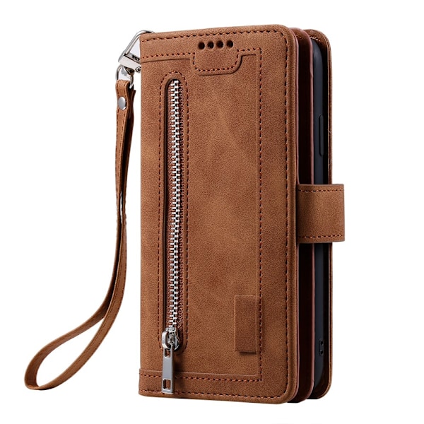 Til Samsung Galaxy S25 Edge Etui med Lynlåslomme og 9 Kortlommer Brown