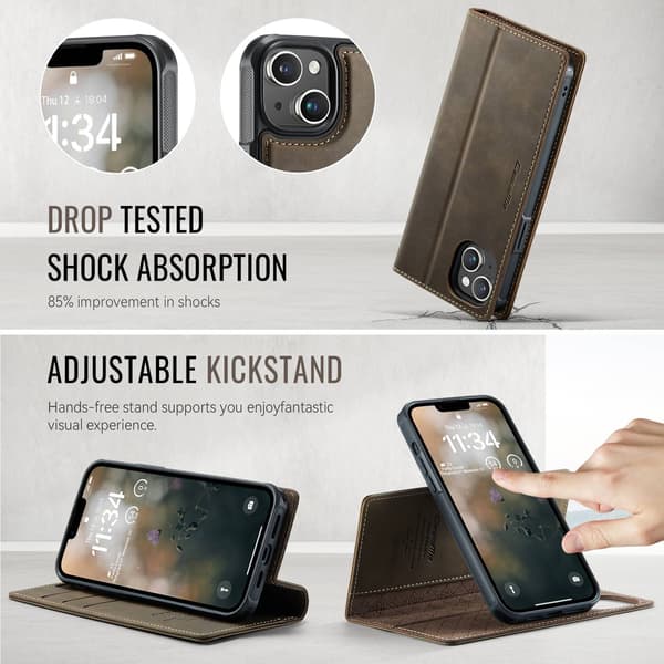 CASEME Til iPhone 15 Lommebokdeksel Magnetisk Avtakbar RFID Beskyttelse - Coffee Brown
