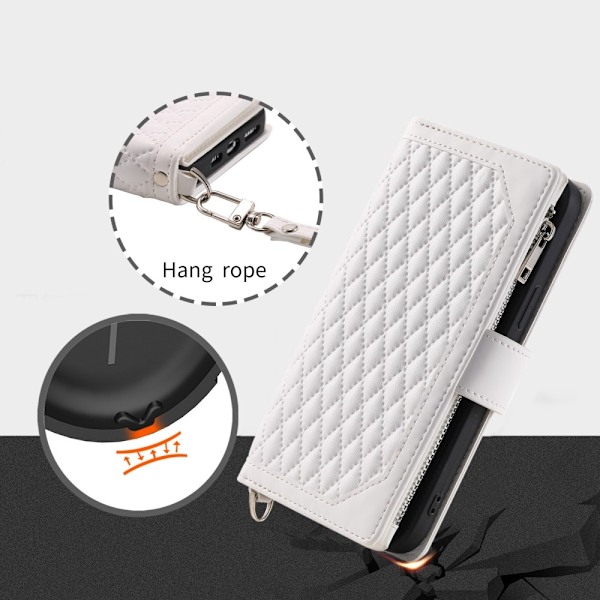För Xiaomi Redmi 14C Zipper Wallet Case Rhombus Stitching Line Telefonfodral Vit