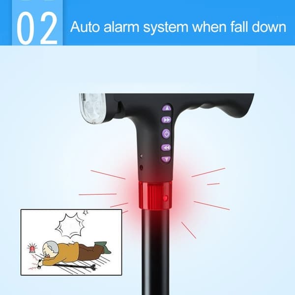 Justerbar Käpp Gångkäpp LED Ljus FM-radio MP3 Smart säkerhetskäpp med fall-larm Svart