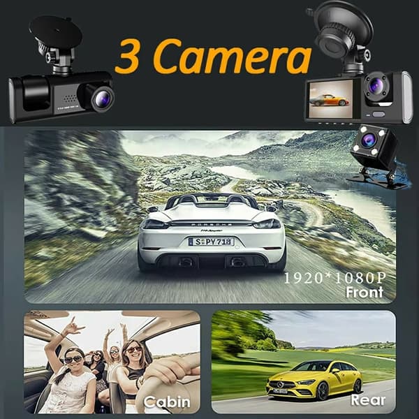 WIFI bildashkamera HD 1080P foran/innvendig/bak 3 linser bil-DVR parkeringsopptaker Black