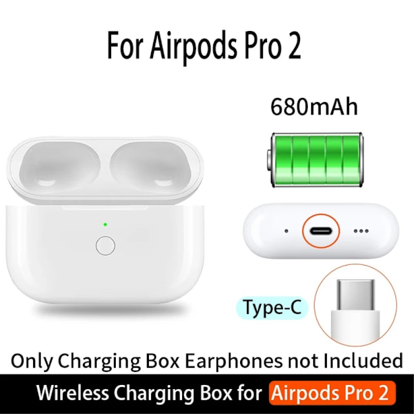 Til AirPods Pro / Pro 2 Erstatningsopladningsetui Indbygget 680mAh Batteri White
