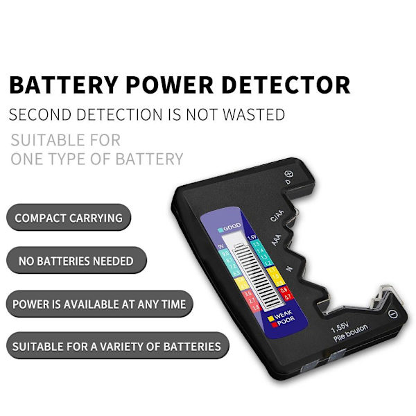 Universal batteridetektor Tester Checker C/AA/AAA/D/N/9V/6F22/1.55V Black