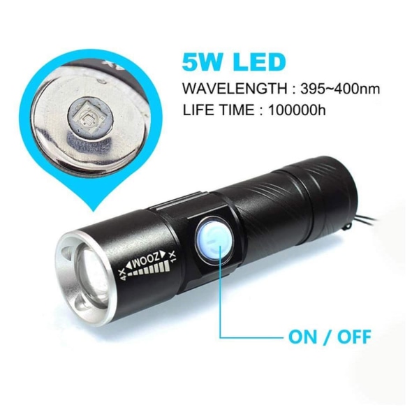 UV-ficklampa USB Uppladdningsbar 395nm LED Ultraviolett Ljusdete Svart