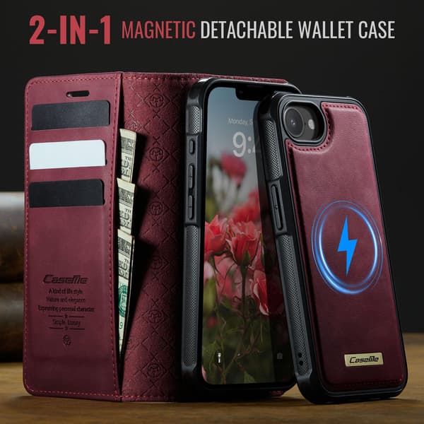 CASEME Til iPhone 17e / 16e  Lommebokdeksel Magnetisk Avtakbar RFID Beskyttelse Red