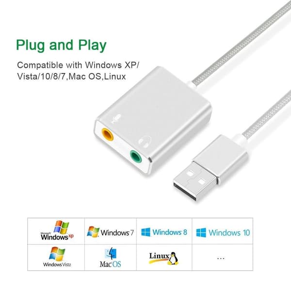 USB-lydadapter Eksternt stereolydkort 3,5 mm hovedtelefon- og mikrofonstik Silver
