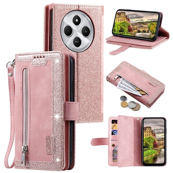 For Xiaomi Redmi 14C Case Zipper Pocket PU Leather Phone Cover with 9 Card Slots Pink gold