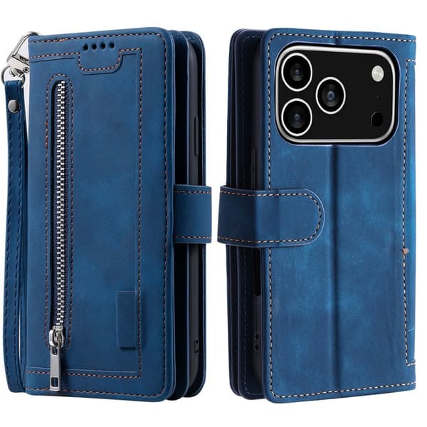 Til iPhone 17 Pro  Etui med Lynlåslomme og 9 Kortlommer Blue