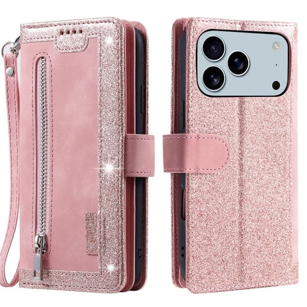 Til iPhone 17 Pro Max Deksel med glidelås og 9 kortspor Pink