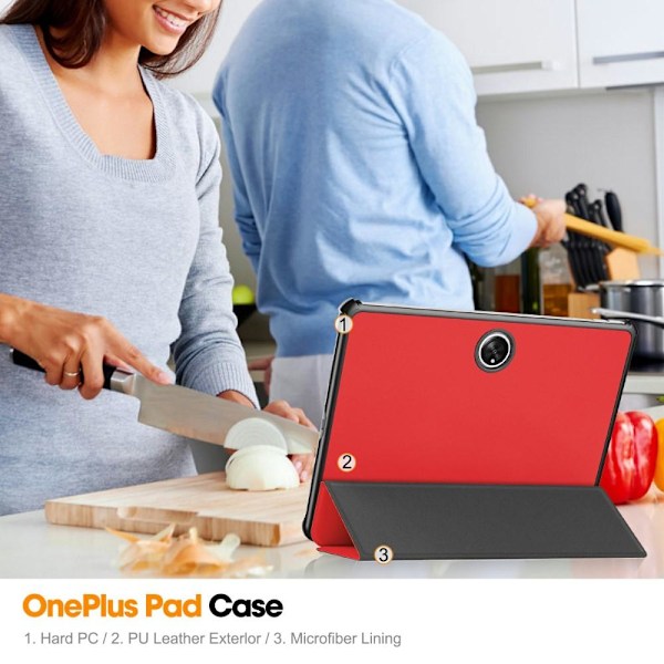 For OnePlus Pad Tri-fold Stativ Våkne / Sove Deksel Tablettveske - Rød Red