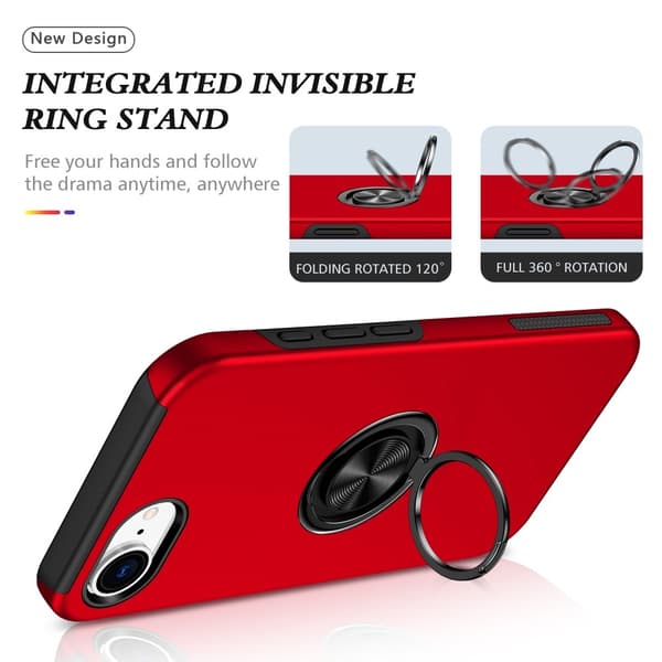 Til iPhone 17e / 16e Finger Ring Kickstand Hybrid Taske Red