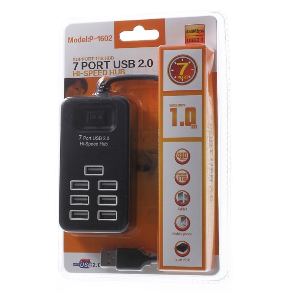 Kannettava 7-porttinen USB 2.0 keskitin 1m kaapelilla ja virtakytkimellä - musta Black