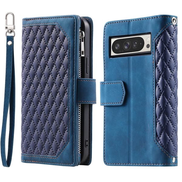 För Google Pixel 10 Pro XL Zipper Wallet Case Rhombus Telefonfodral Blå