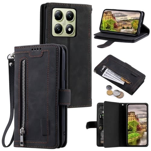 Til Xiaomi 14T Pro Etui med Lynlåslomme og 9 Kortlommer Black